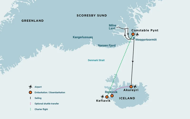 East Greenland, Scoresby Sund - Iceland , Aurora Borealis, Fly & Sail